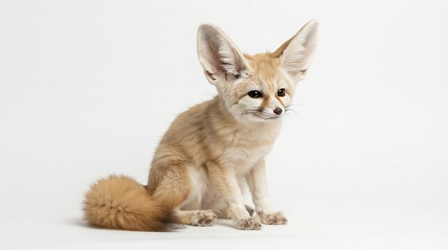 Cute fennec fox sitting on white background with large ears and curious expression