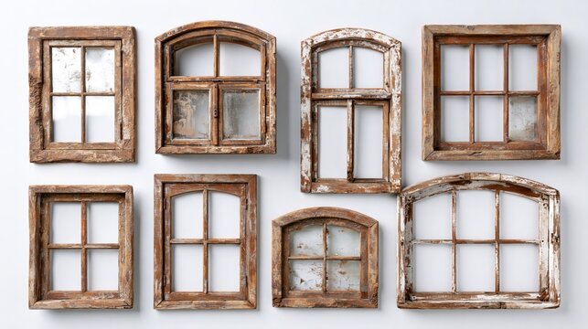 Weathered brown window frames of various shapes appear against a plain white background.