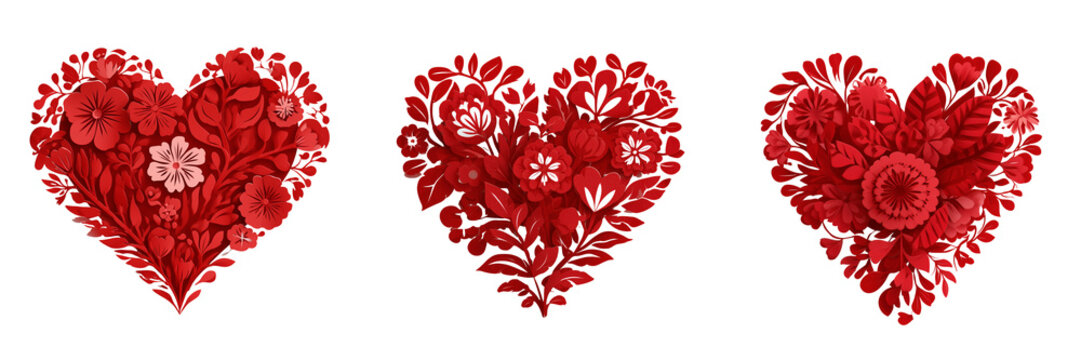 Set of A beautifully crafted heart-shaped Valentine's Day decorative title made from elegant red paper on transparent png background. Ai generated