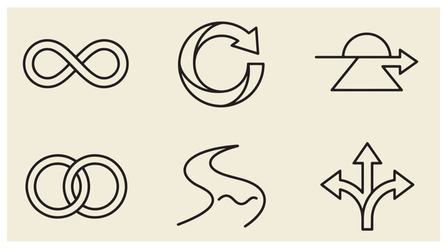Abstract and conceptual line icons showing infinity recycling cycle sun over prism interlocking rings wavy river and directional arrows with infinity loop
