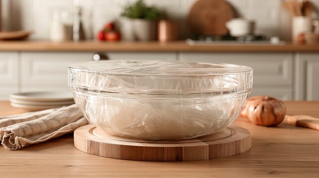 Covered glass bowl with dough resting on a wooden board, a culinary concept showcasing homemade bread and baking ingredients on a kitchen countertop