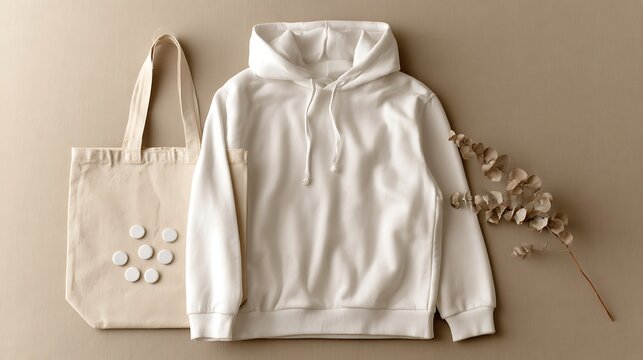 white hoodie and eco friendly bag on beige background