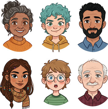 Diverse group of illustrated cartoon people avatars and character heads