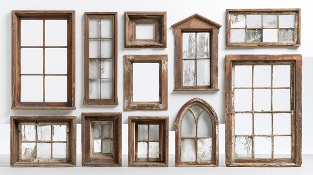 Weathered brown window frames of various shapes appear against a plain white background.