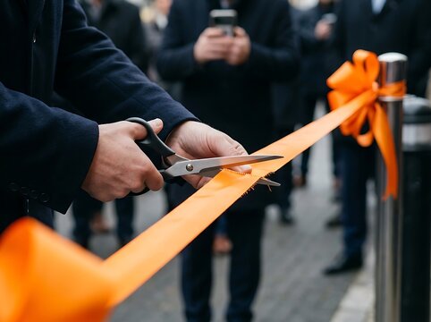 Close-up of person's hands in dark coat cutting orange ribbon with scissors during outdoor ceremonial opening.