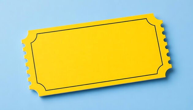 Minimal yellow retro ticket template with black outline on blue backdrop.