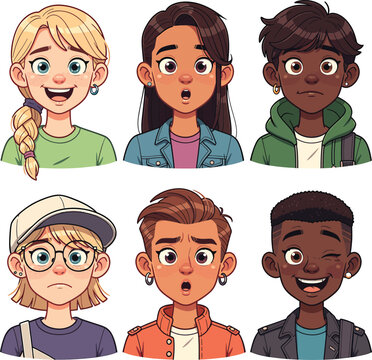 Diverse people avatars with various facial expressions and hairstyles
