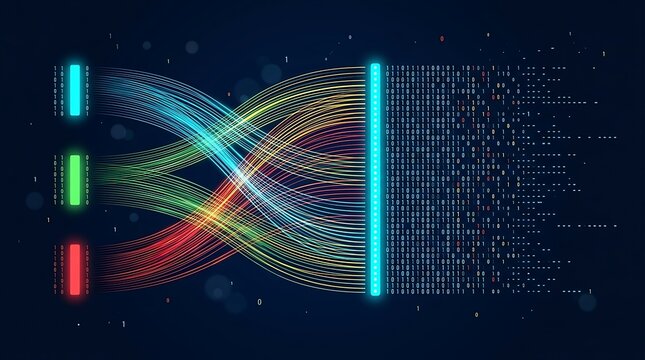 Abstract visualization of data processing showing colorful streams transforming into binary code on dark background.