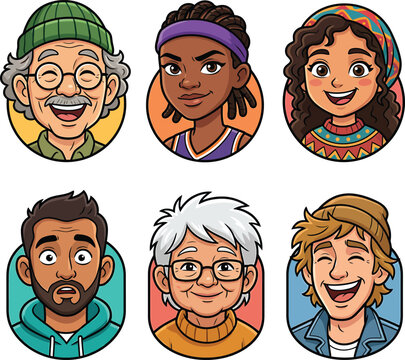 Diverse set of cartoon avatar portraits with multi-ethnic characters of various ages and expressions in flat vector style.