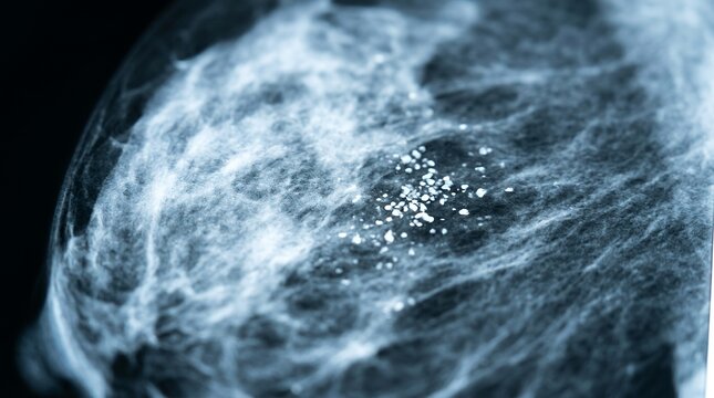 Mammogram scan showing fibroglandular tissue and microcalcifications for breast cancer screening.