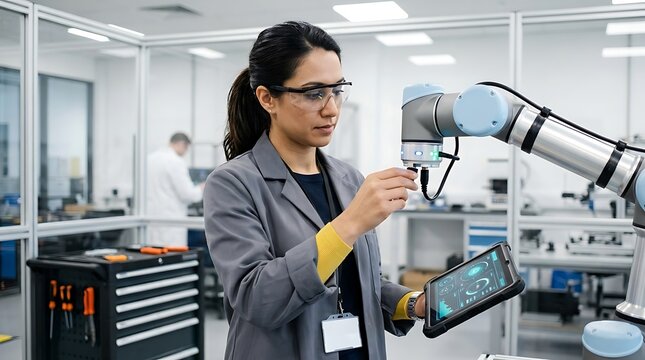 Female robotic engineer configuring advanced cobot arm with tablet in modern high tech laboratory facility setting while conducting precise quality tests daily.