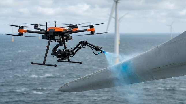Drone spraying de-icing fluid on offshore wind turbine blade for automated maintenance.