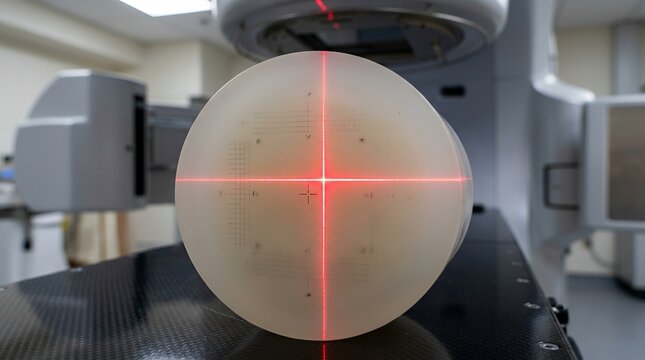 Red laser crosshair alignment on a medical radiotherapy phantom for cancer treatment calibration.