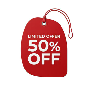 Red promotional price tag showing limited offer fifty percent off