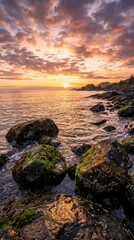 Obraz premium Rocky coastline at sunset, orange clouds reflecting on ocean water with mossy boulders in foreground.