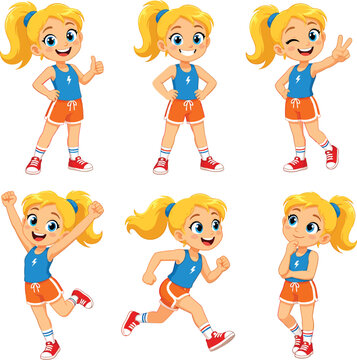 Set of cartoon girl character in sports clothes doing different actions