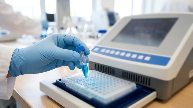 Gloved hand of laboratory technician inserting test sample tube into spectrophotometer multiwell tray for quantitative biochemical research and diagnostics.