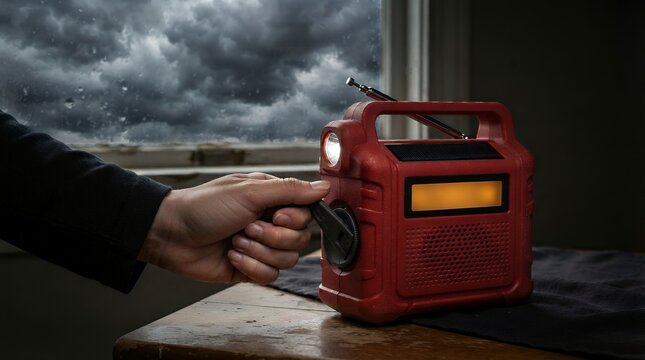 Hand cranking emergency weather radio during a severe thunderstorm and tornado warning.
