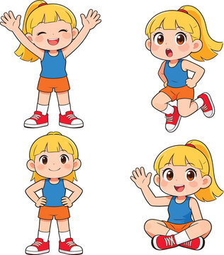 Happy cartoon blonde girl in various active poses smiling and waving