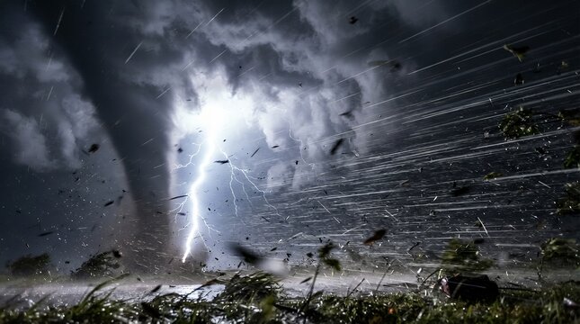Violent tornado with heavy rain and lightning strike during a severe supercell storm.