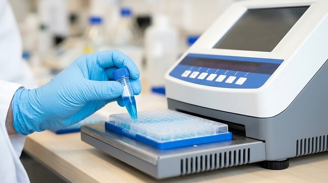 Biotechnology technician holding blue chemical reagent tube over microplate reader platform to perform molecular biology analysis and pharmaceutical testing.