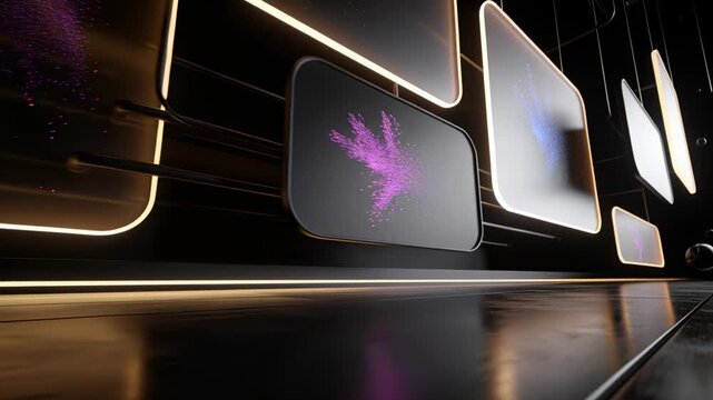 Rolling matte black sphere activating rounded panels on gallery wall, reflecting particles on tiles