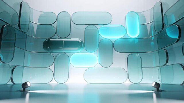 Animating pill glass modules aligning on studio stage, cyan capsule lighting sparking module motion