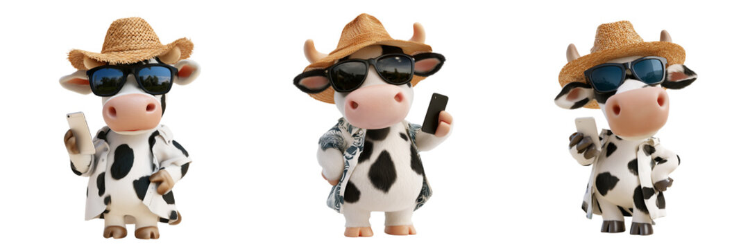 Set of A cool-looking Holstein cow wearing stylish black sunglasses and a classic blue denim jacket on transparent png background. Ai generated