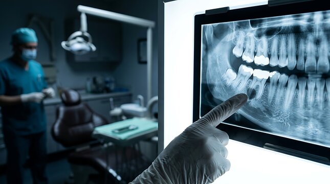 Dentist pointing at panoramic digital jaw xray on monitor screen to examine tooth root infection while assistant prepares equipment in modern dental clinic.