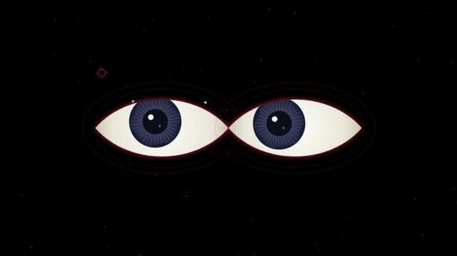 Animated cartoon eyes blinking mysteriously in the dark within a minimalist graphic composition.