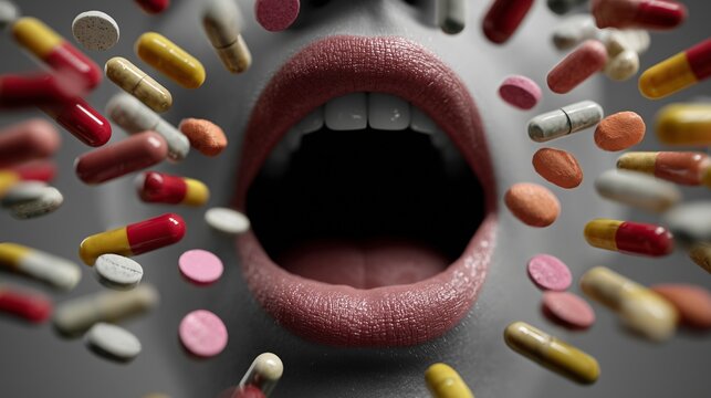 Open mouth with floating pill and capsule shows medication abuse, overdose risk, addiction, and dangerous drug misuse.