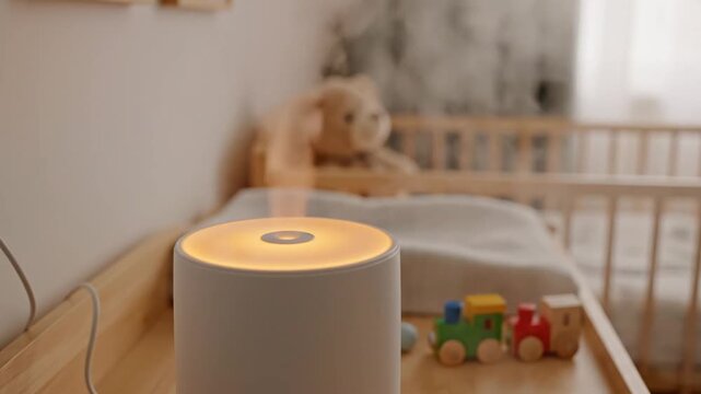 Modern ultrasonic air humidifier and purifier with a warm lamp emitting steam on a changing table, helping to maintain optimal humidity levels for the baby's comfort and sleep