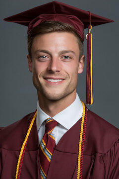 Young man proudly smiling in cap and gown, graduating from university, achieving educational success and looking forward to future