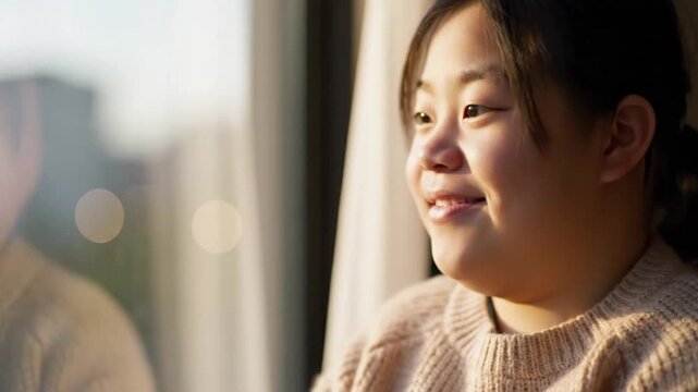 Portrait of a lovely asian girl with down syndrome looking through a window, her expression shifting from contemplative to a joyful smile as the warm sunlight brightens her face