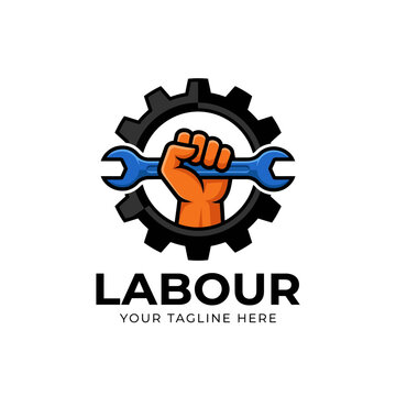 vector illustration of Strong fist holding wrench inside gear logo with labour text Vector, illustration , Labour Day, Happy Labor Day, Labor Day, Labour day icons set