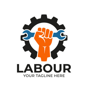 vector illustration of Strong fist holding wrench inside gear logo with blue and orange colors Vector, illustration , Labour Day, Happy Labor Day, Labor Day, Labour day icons set