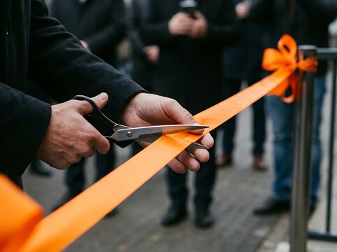 Close up hands cutting bright orange ribbon with scissors during grand opening ceremony event celebrating business inauguration and start of new official launch.