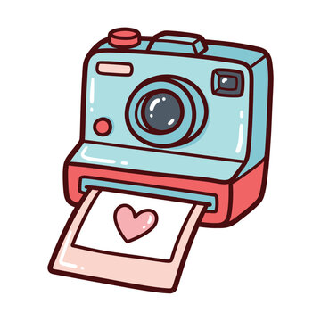 A cute instant camera prints a heart photo with a playful mood and simple design
