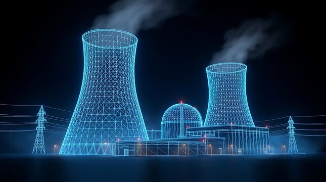 Abstract blue wireframe 3d model of nuclear power plant with cooling towers emitting steam against black background representing clean energy concept.
