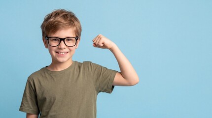 Naklejka premium Young boy with glasses flexes arm muscle, smiling confidently against a light blue background in a playful and cheerful pose