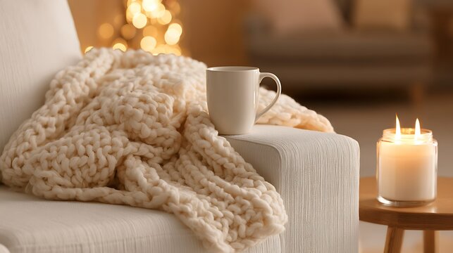 Cozy living room with white couch, blanket, coffee mug and candle