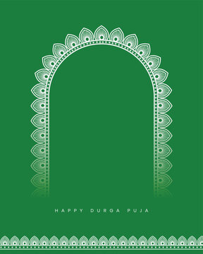 Happy Durga Puja decorative arch with floral scrollwork and traditional border, suitable for Navaratri, Mahalaya, Kali Puja, Diwali, Ganesh Chaturthi, Bengali festival greetings and celebrations.