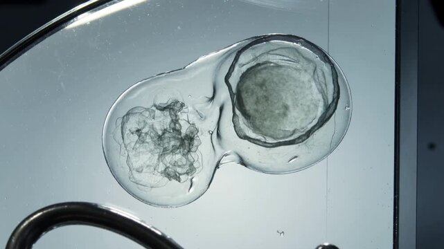 Core appearing, clear droplet pair forming and lobes splitting in lab chamber with tubing