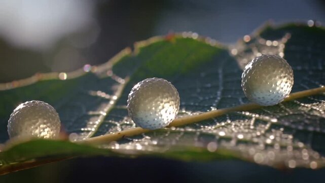 Panning camera pulling focus on leaf midrib while sunlight glinting, revealing three dimpled beads