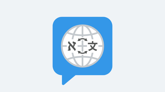 Global language translation icon featuring globe and characters inside a blue speech bubble
