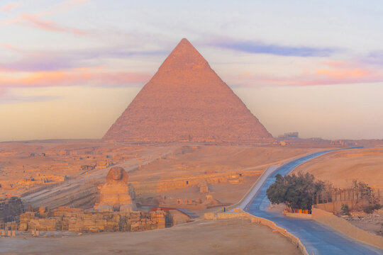 The Great Sphinx and the iconic Pyramid of Khafre in the Giza desert landscape