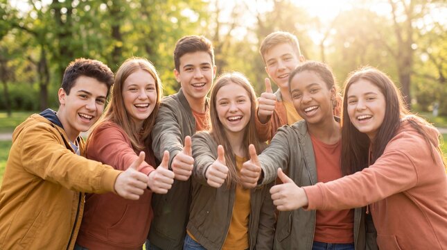 Group of teenagers smiling and giving thumbs up in a sunlit park, wearing casual clothing and enjoying a cheerful moment outdoors