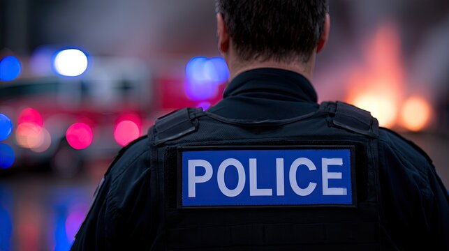 Officer in tactical vest stands near emergency scene with flashing lights and fire