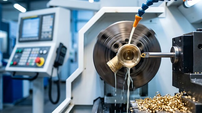 Precision metal part being machined on a lathe with coolant flowing, showing intricate manufacturing processes for industrial components and custom metalworking applications.