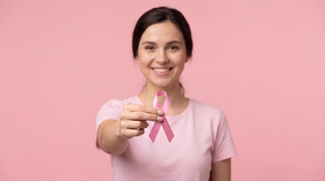 Young woman in pink t-shirt holds pink ribbon against a pastel pink background, symbolizing breast cancer awareness and support initiatives